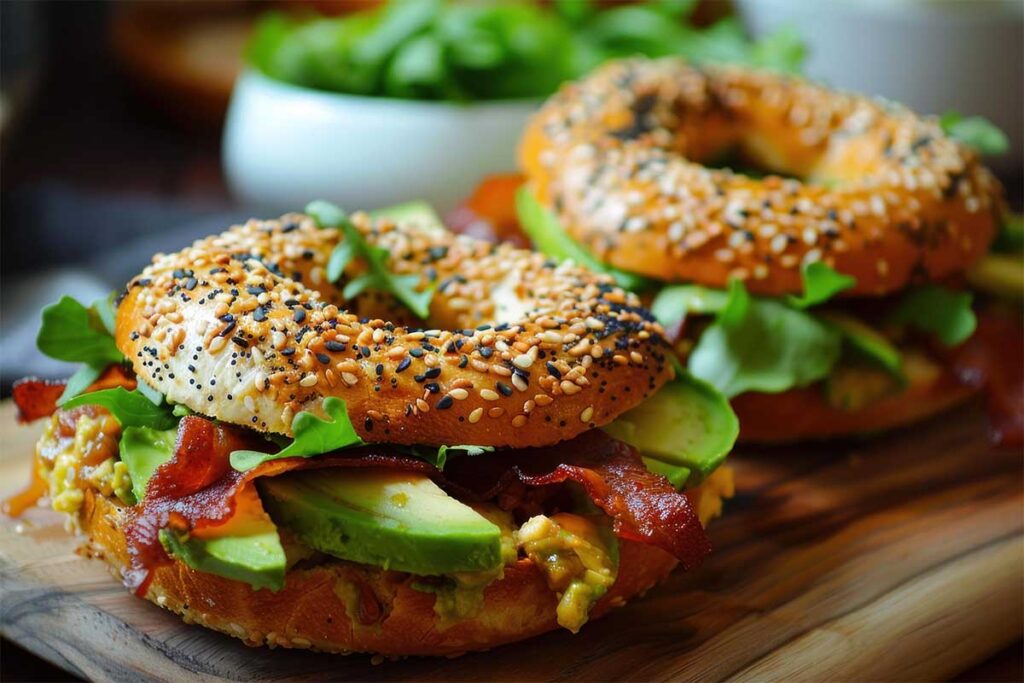 A toasted bagel topped with mashed avocado and garnished with microgreens and smoked salmon.