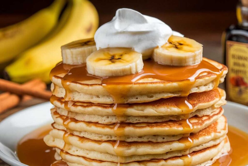 ALT Text: A stack of fluffy Bananas Foster Pancakes topped with caramelized banana slices and syrup.