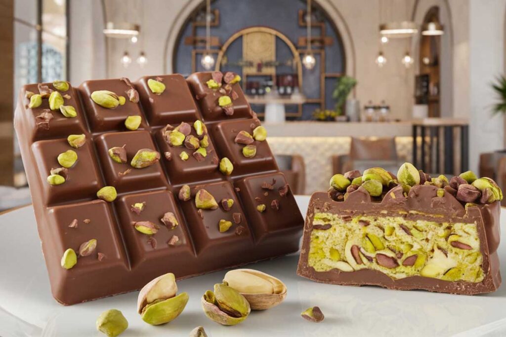 Dubai chocolate recipe with layers of chocolate, pistachios, and crispy kataifi dough