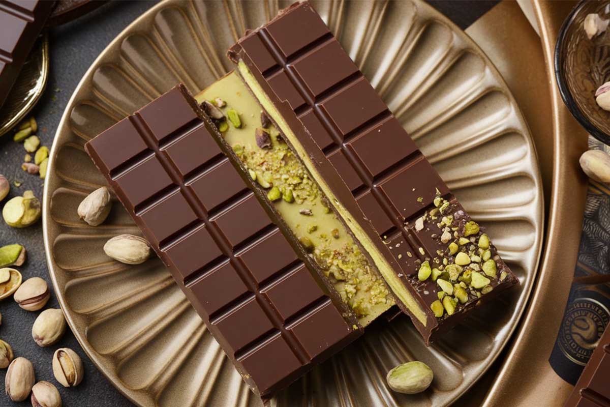 Viral Dubai chocolate bar with layers of chocolate, pistachio cream, and crispy kataifi dough