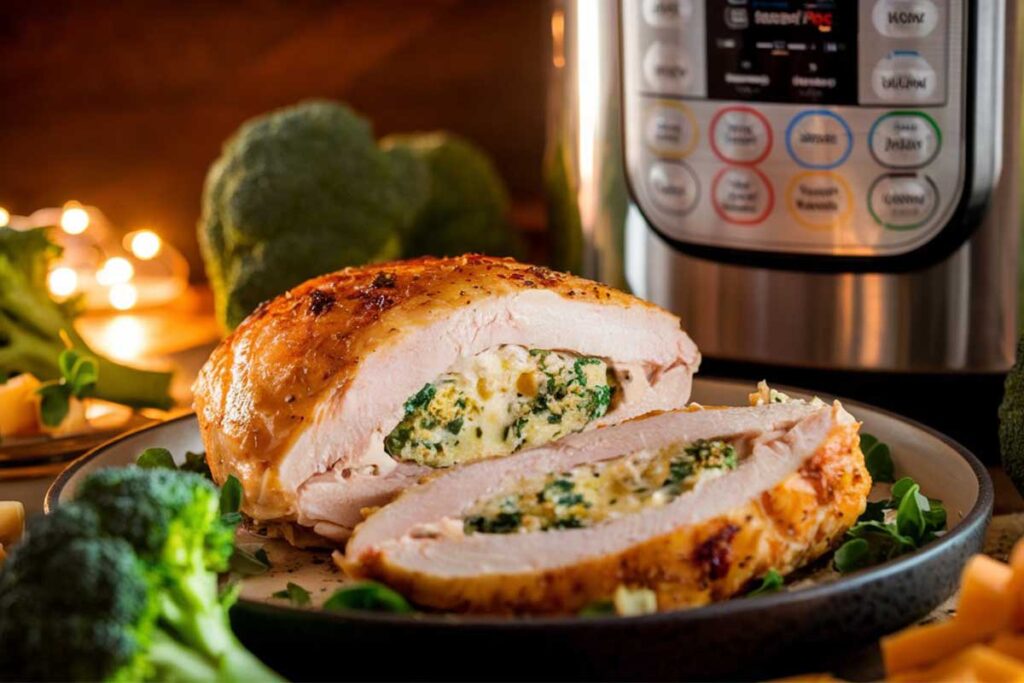 Barber Foods broccoli stuffed chicken cooked in an Instant Pot with a golden, crispy exterior