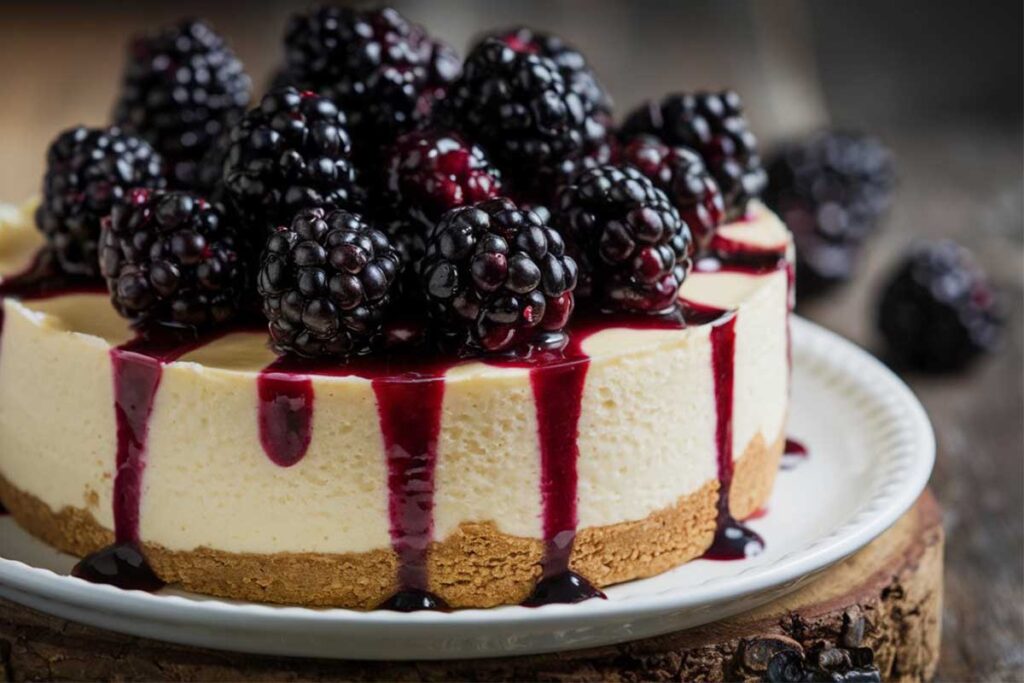 Creamy blackberry cheesecake with fresh blackberries and a graham cracker crust