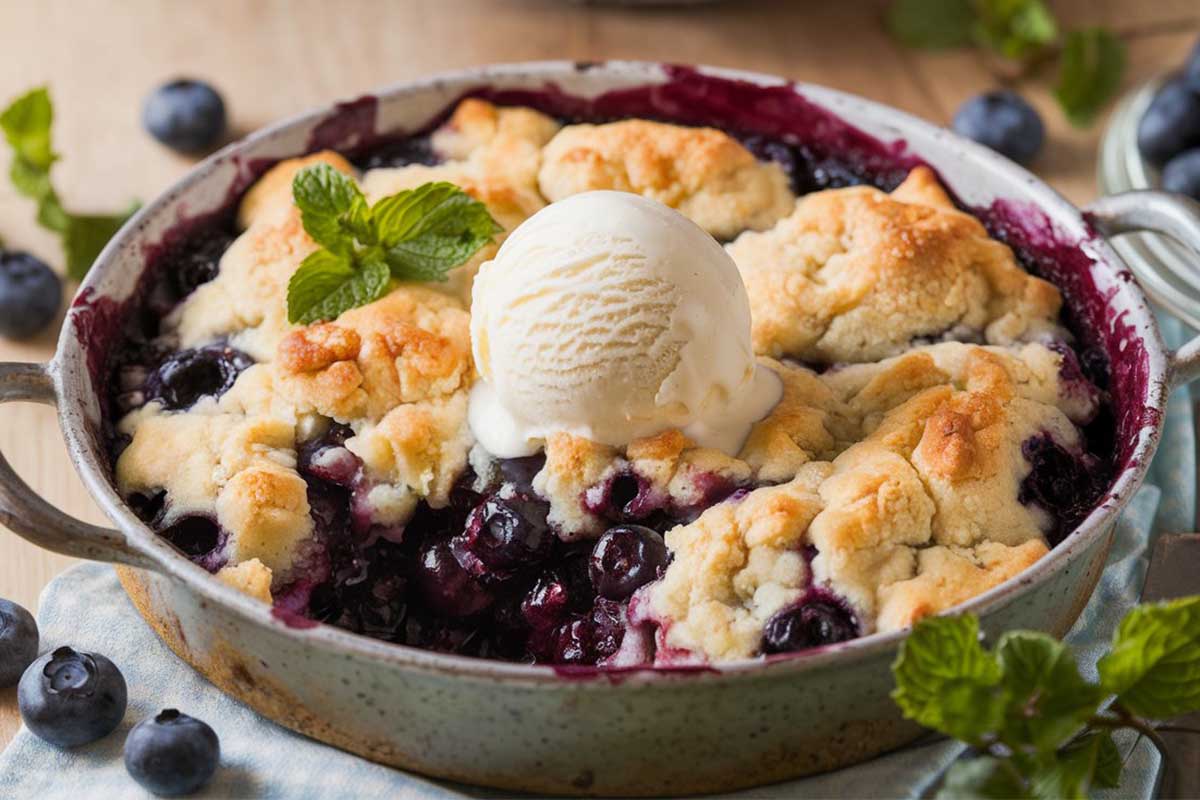 Golden blueberry cobbler with a biscuit topping and juicy blueberry filling.