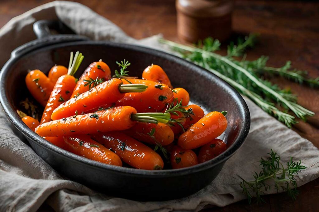 A bowl of glazed baby carrots garnished with fresh thyme and served as a side dish.