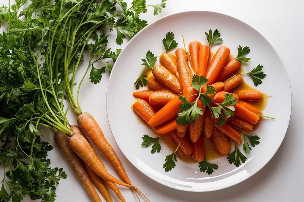 A bowl of glazed baby carrots prepared with butter and herbs, perfect as a side dish.