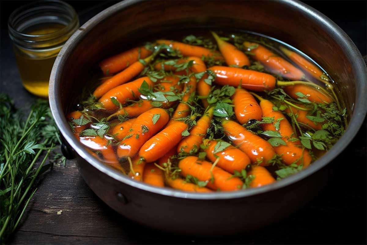 A comparison of steamed and boiled baby carrots on a plate with herbs.