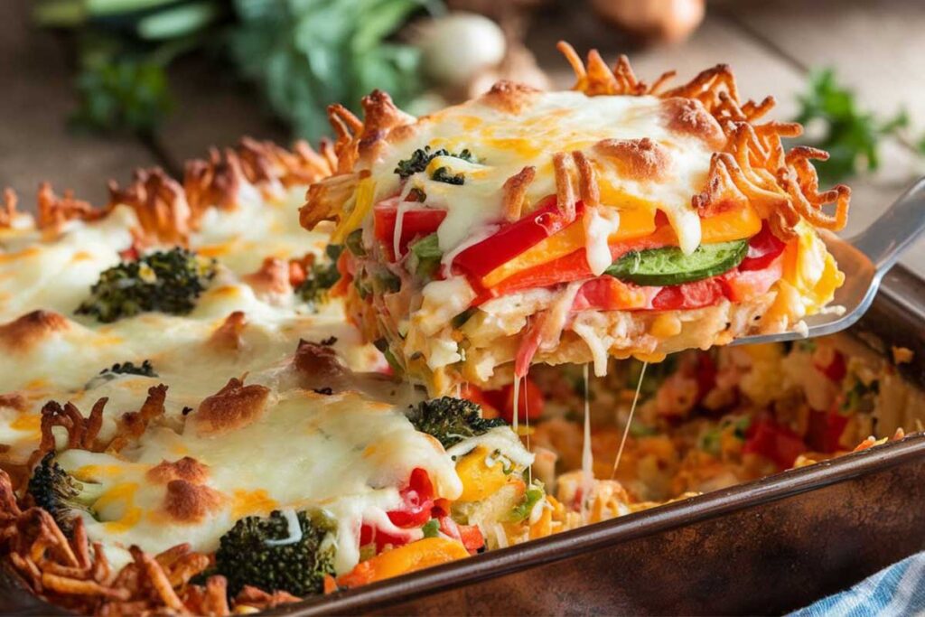 A serving of casserole with hash browns, veggies, and melted cheese in a baking dish.