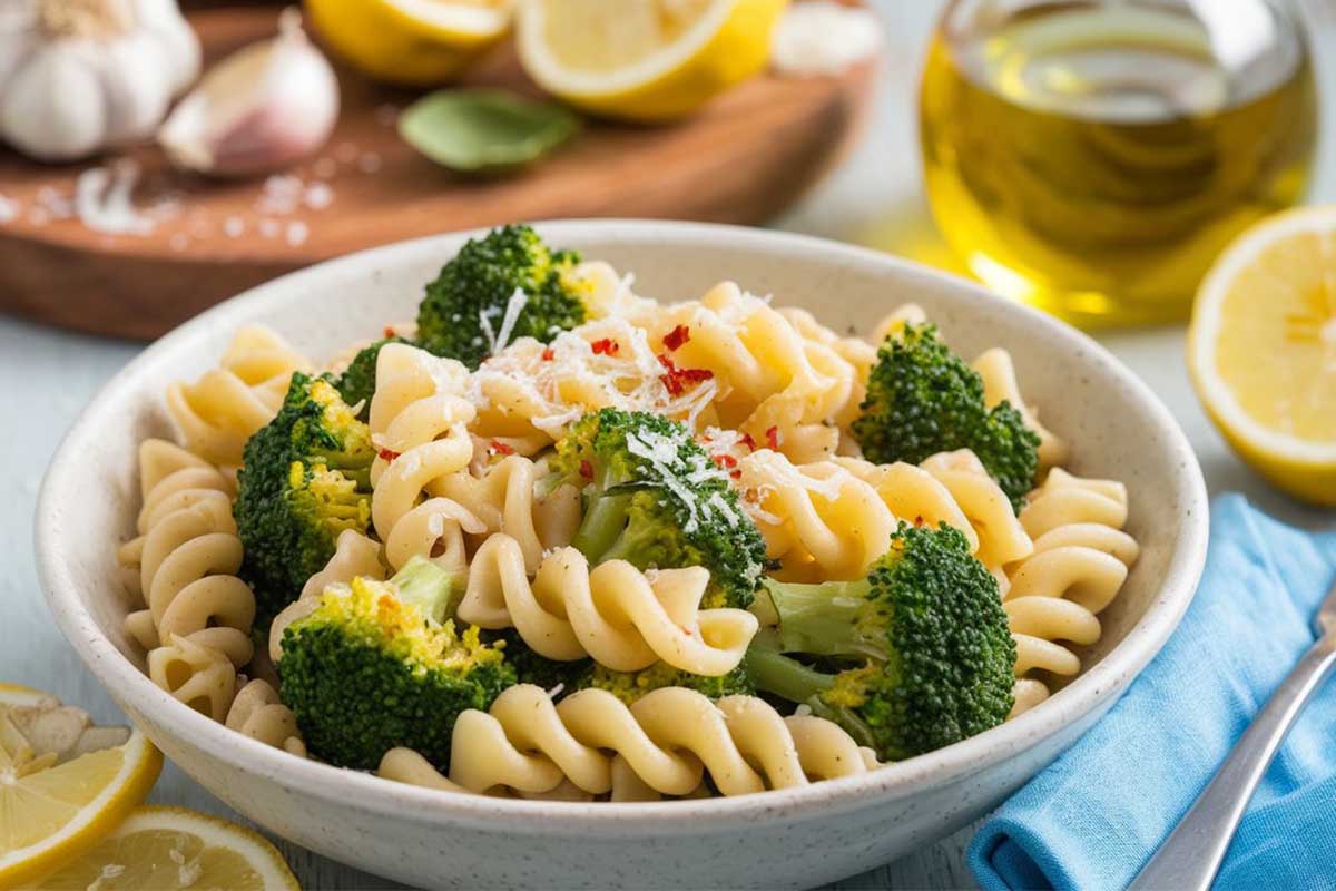 Cavatelli and broccoli pasta dish with garlic, olive oil, and Parmesan cheese