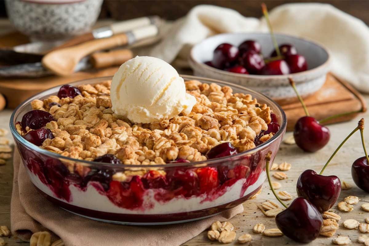 A bowl of warm cherry crisp topped with a golden oat crust, ready to be served with vanilla ice cream.