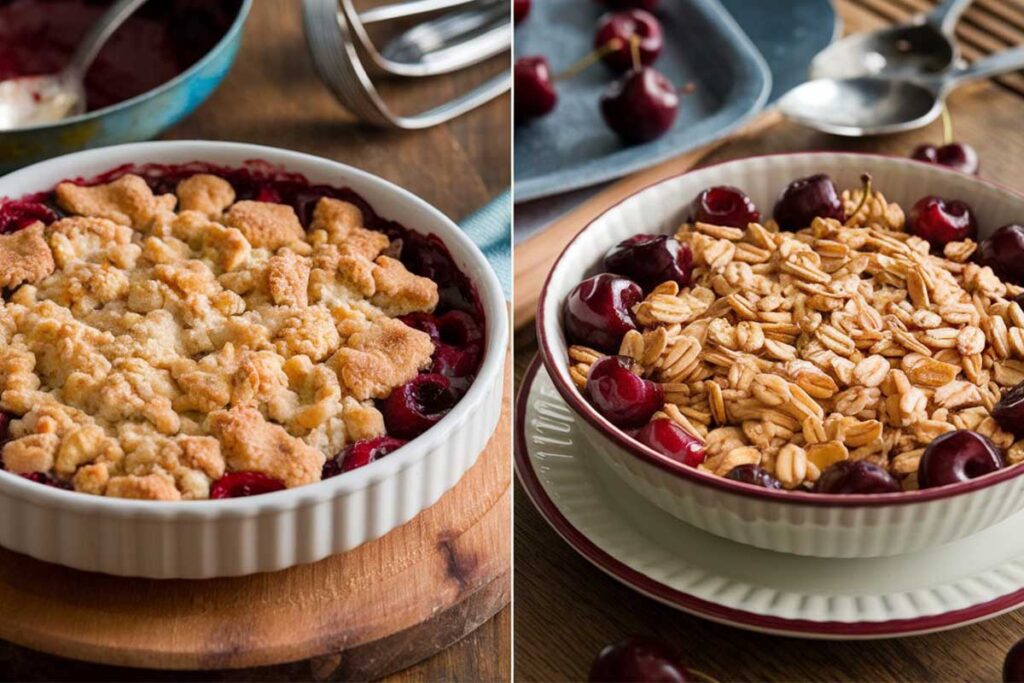 A side-by-side comparison of cherry crumble and cherry crisp, showing the distinct toppings on each dessert.