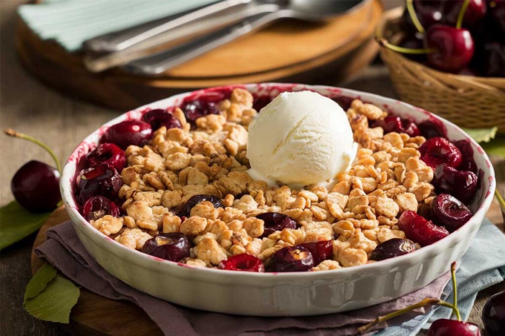 A freshly baked cherry crisp with a golden oat topping cooling on a counter, ready to be stored for later.