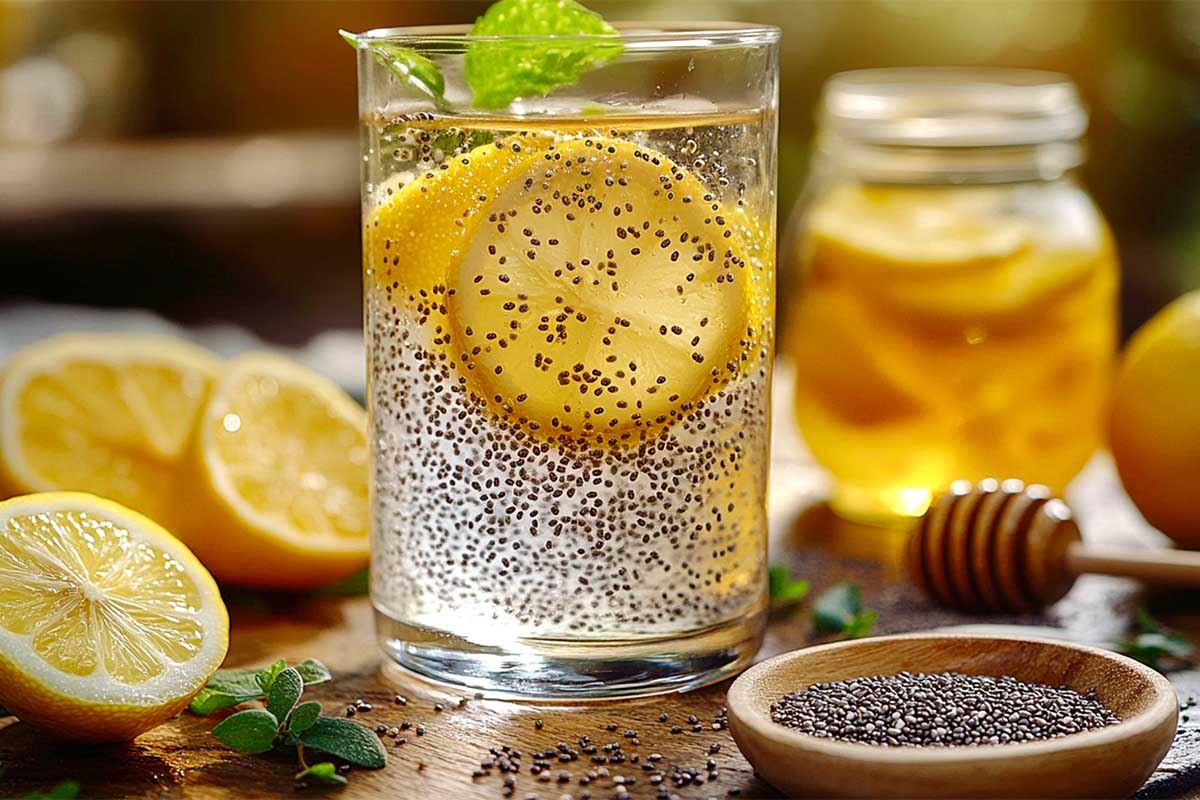 Glass of chia water with lemon and mint for hydration