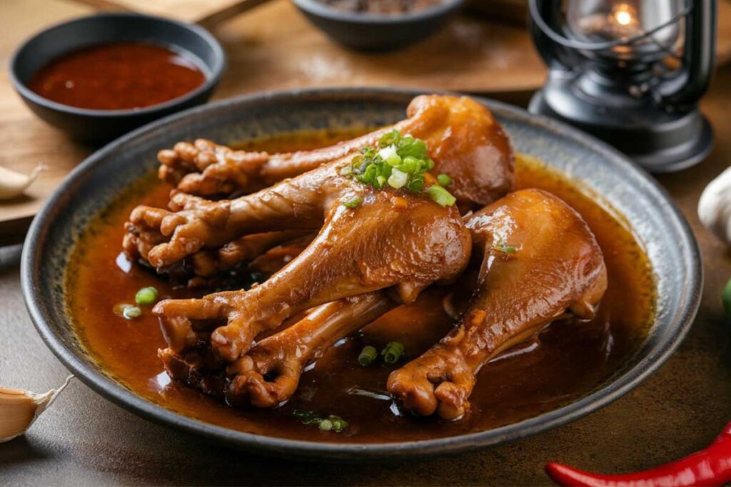 Cooked chicken feet dish by Chef Tatung with rich sauce and garnishing.