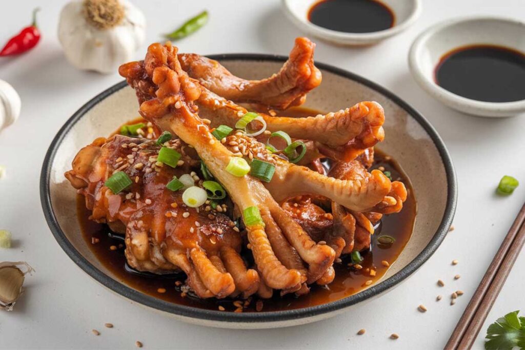 Cooked chicken feet in Simpol style with soy sauce and garnish