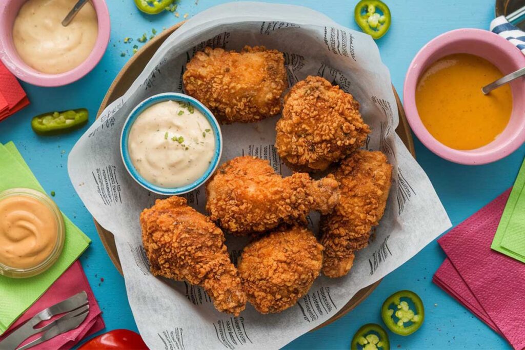 Crispy homemade Chicka Licka Bam Bam chicken on a plate with a side of dipping sauce.