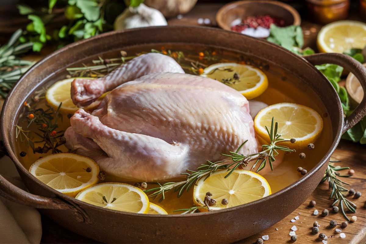 Raw chicken soaking in brine with herbs and spices in a glass bowl.