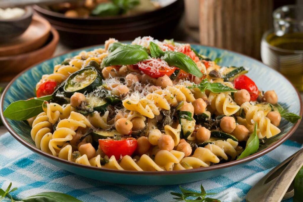 A bowl of chickpea pasta with fresh spinach, lemon zest, and grated Parmesan.