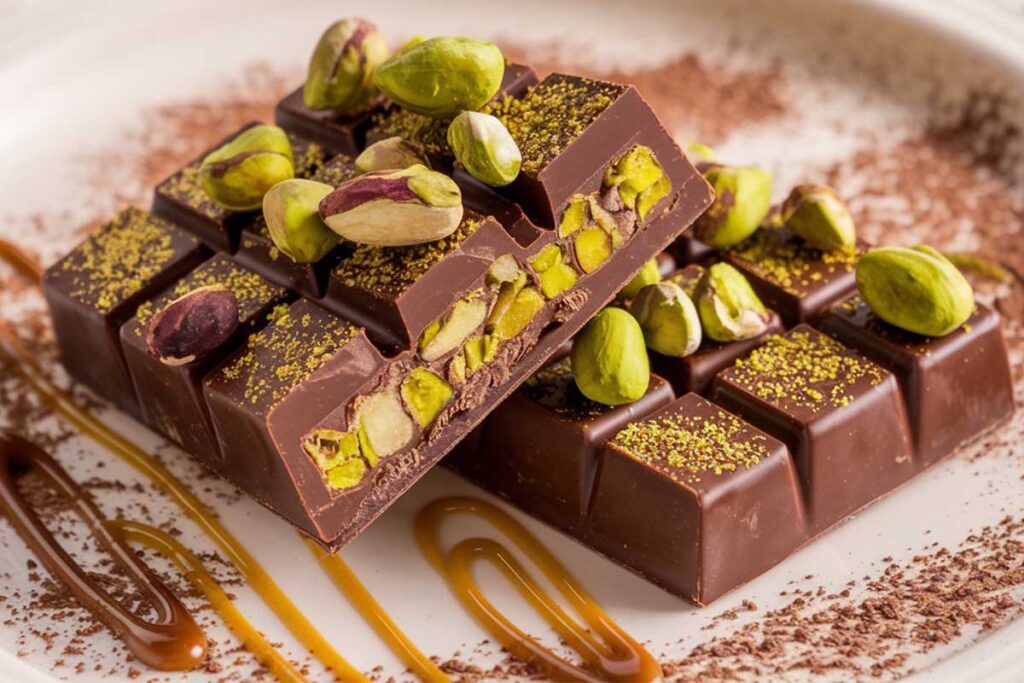 Dubai chocolate bar topped with pistachios and kataifi pastry layers.