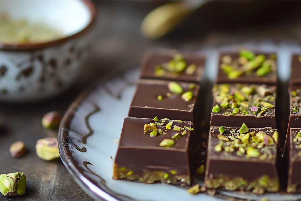 Gooey Dubai chocolate bar with pistachio filling and crunchy kunafa crust.