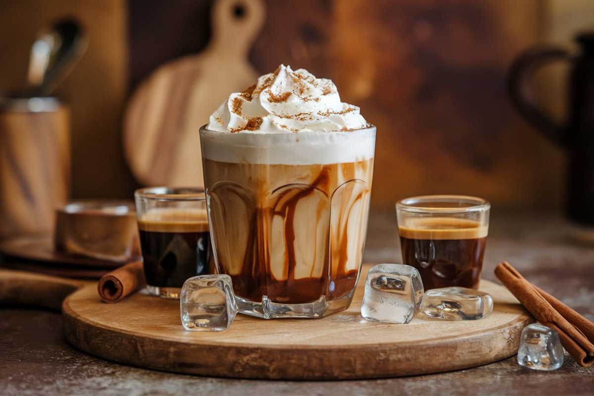 Glass of iced brown sugar shaken espresso recipe topped with cinnamon