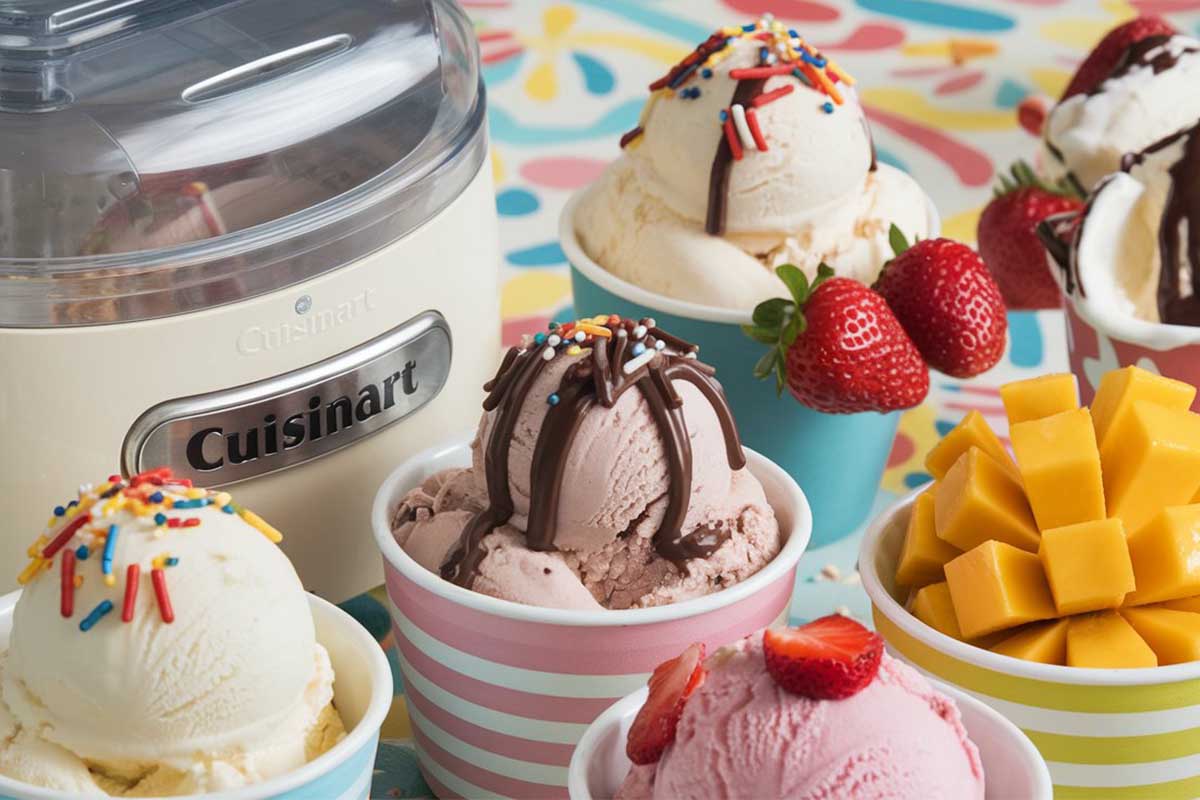 A bowl of homemade ice cream made with a Cuisinart ice cream maker, topped with chocolate chips and fresh berries.