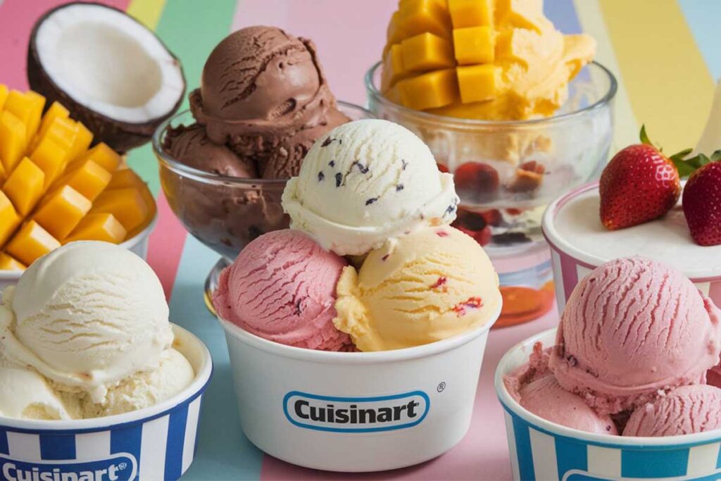 Variety of frozen treats made with an ice cream maker, including sorbet, frozen yogurt, and slushies.