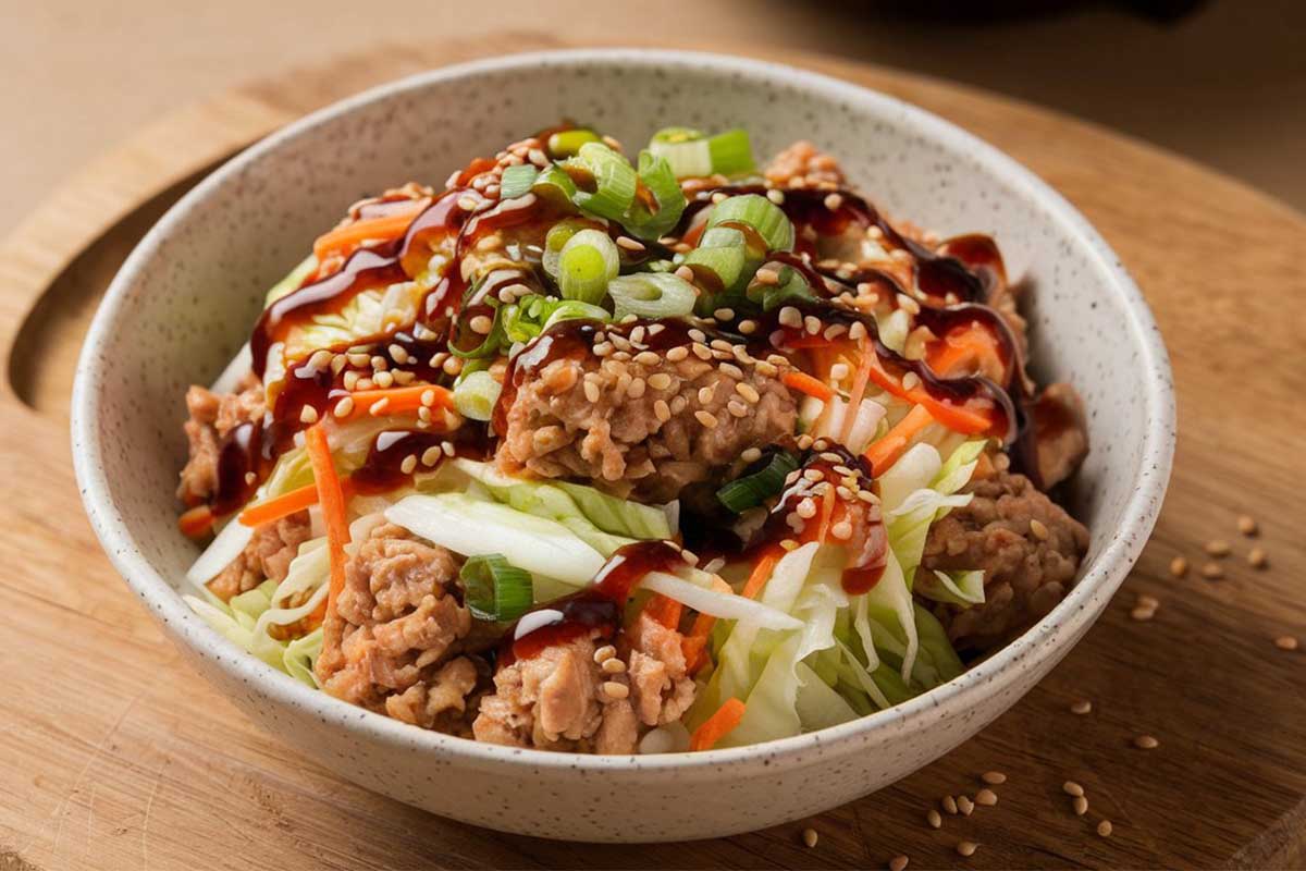 Close-up of egg rolls cut in half, revealing a colorful filling of cabbage, carrots, and ground pork.