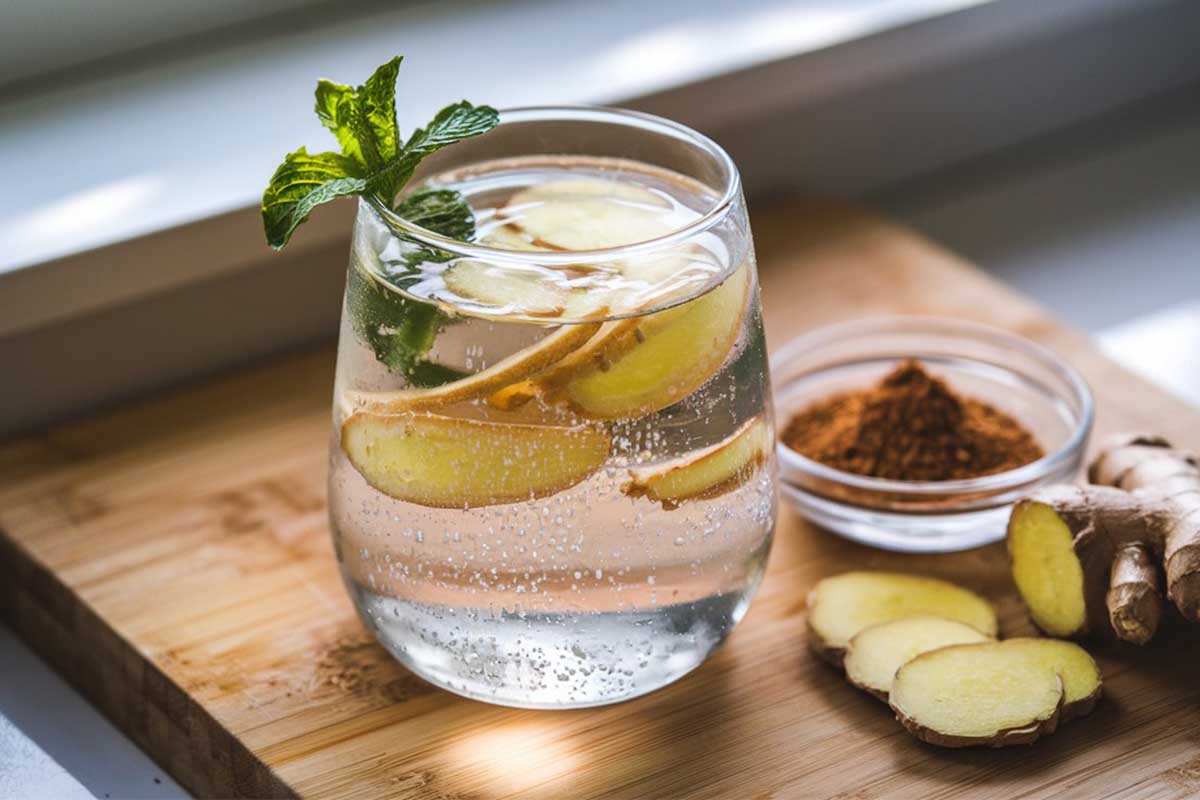 A glass of brown Truvia ginger and water drink garnished with a slice of lemon and mint leaves.