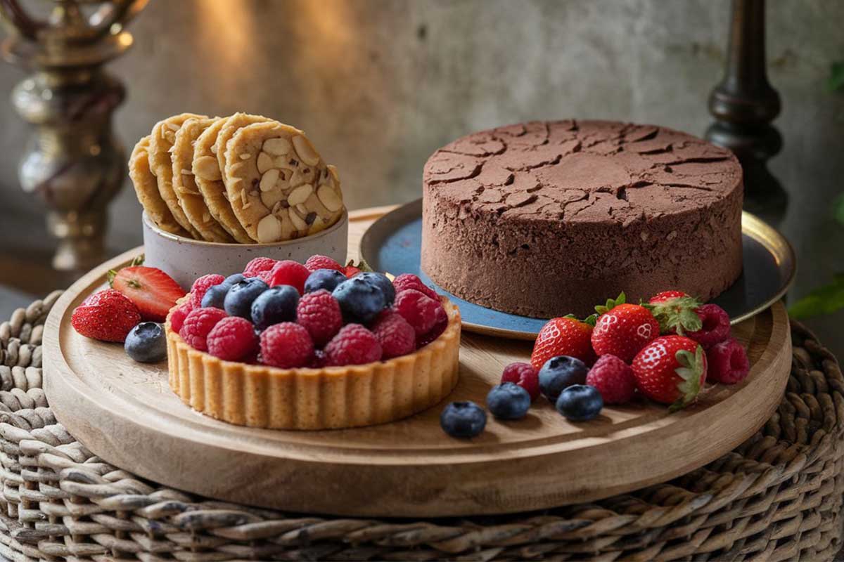 A variety of gluten-free sweets including cookies, candy, and no-bake energy bites arranged on a white plate.