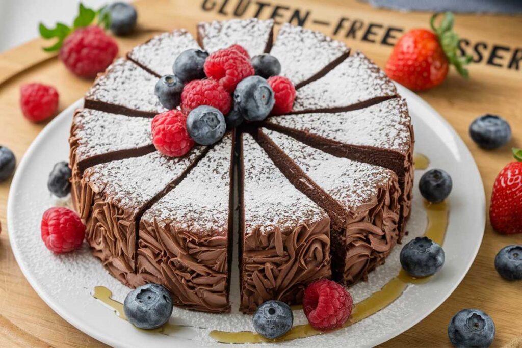 A selection of gluten-free baked goods including cookies, bread, and cake on a rustic wooden table.