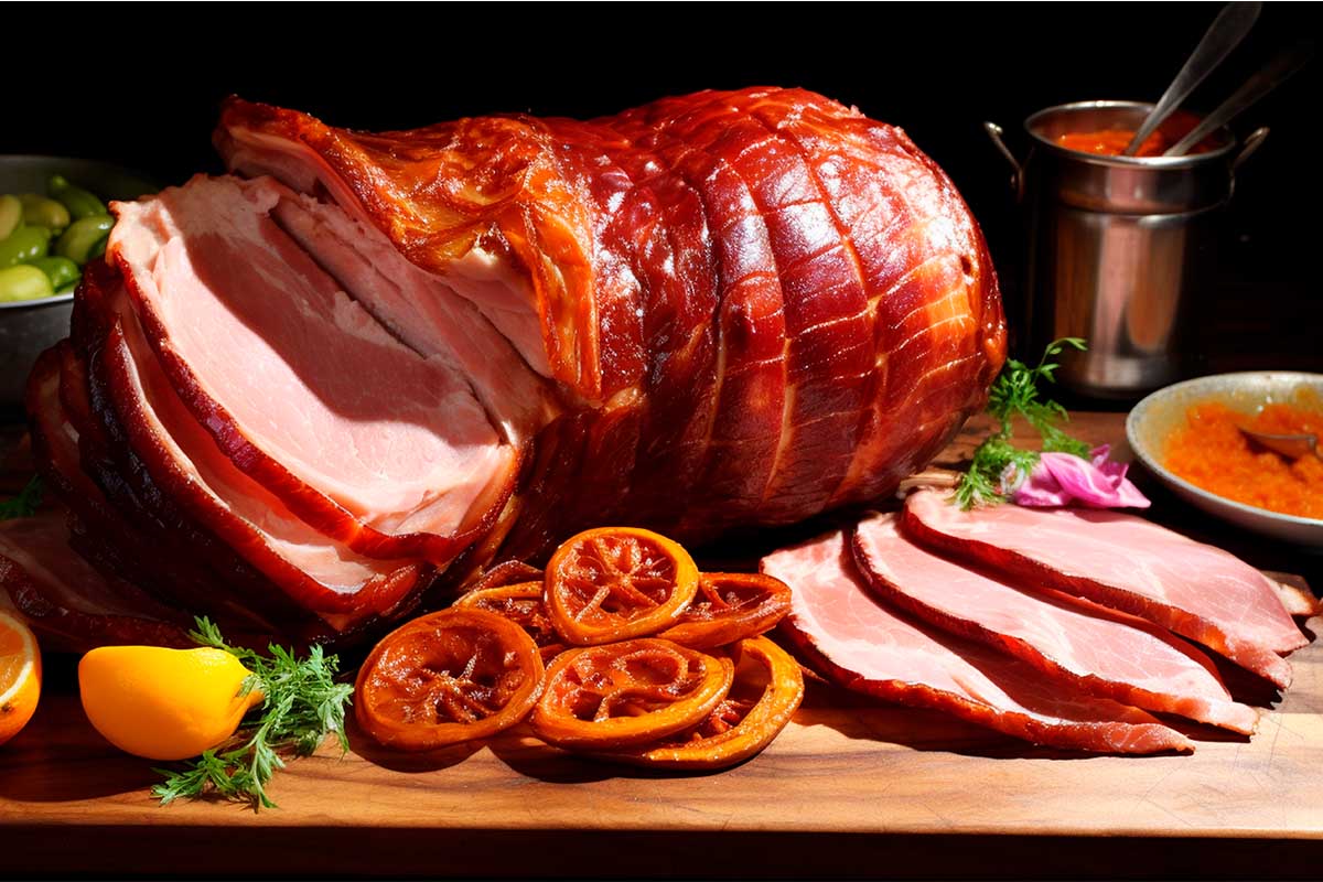 Fully smoked ham glazed and sliced for serving