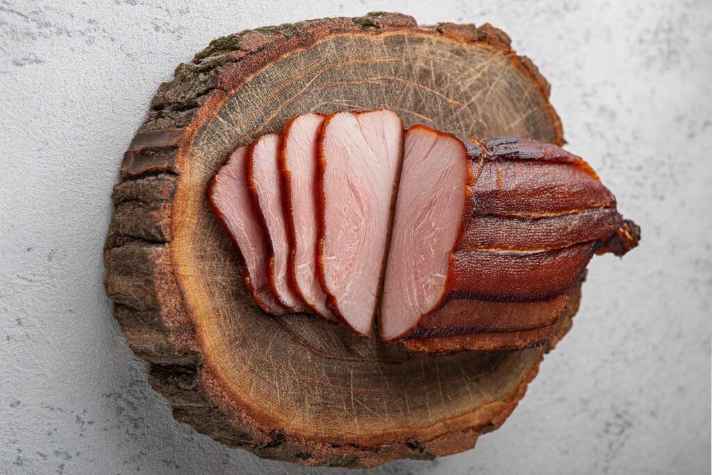 Smoked ham served with glaze and garnish on a holiday table