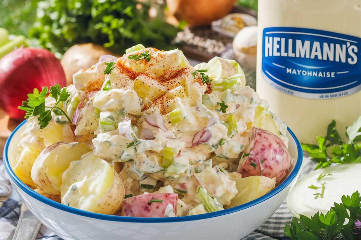 Classic Hellmann's potato salad with creamy mayonnaise dressing and fresh herbs