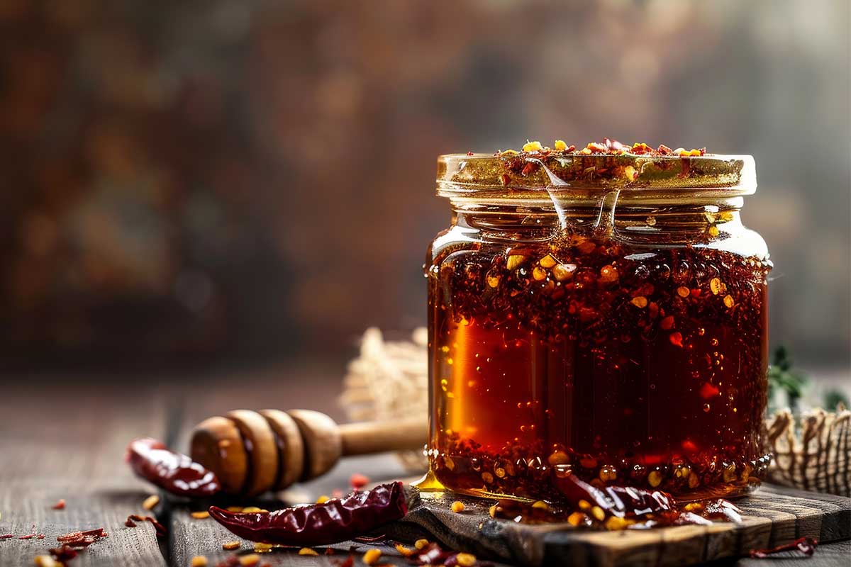 Jar of hot honey drizzled on pizza with chili peppers