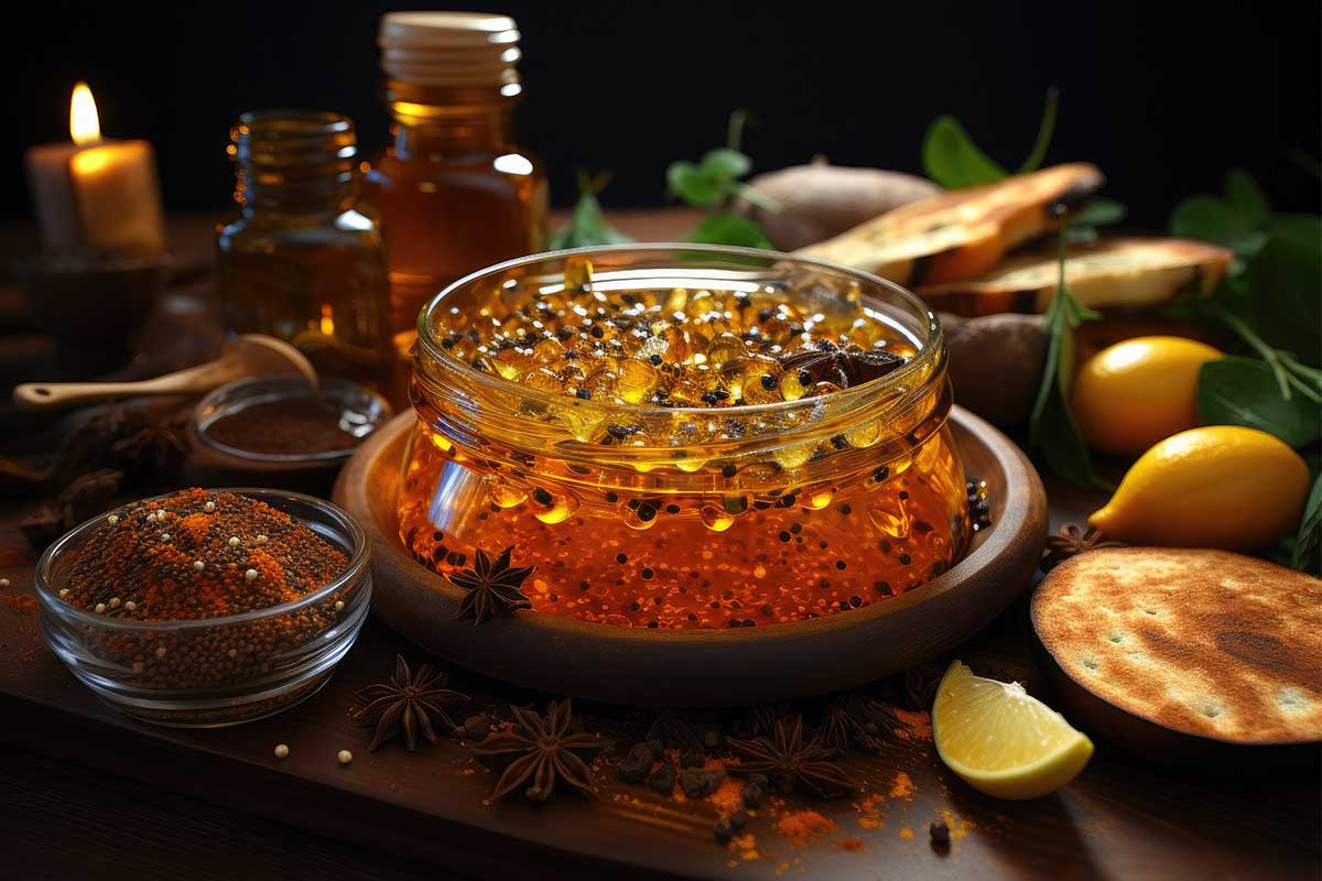 Jar of hot honey with chili peppers next to a honey dipper