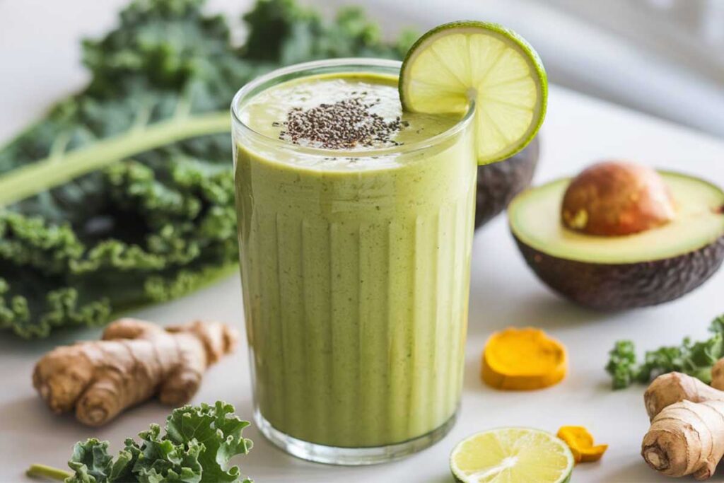 A creamy kale and avocado smoothie in a glass with anti-inflammatory ingredients.