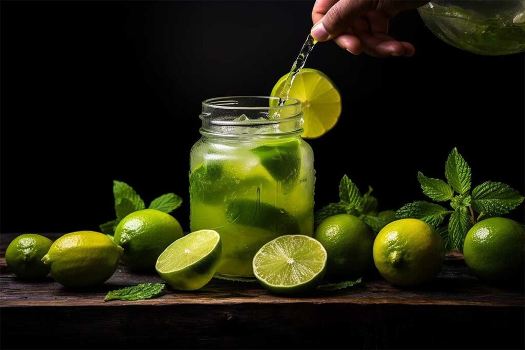 Glass of mint lemonade with lemon slices and mint sprigs