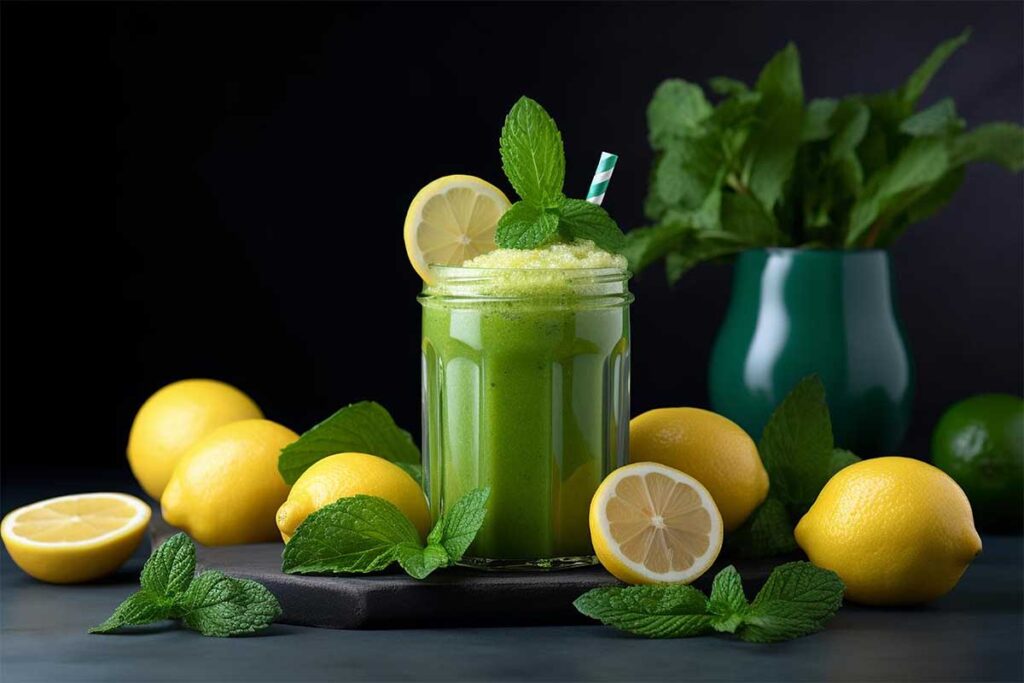 Glass of mint lemonade with fresh lemon slices and mint leaves