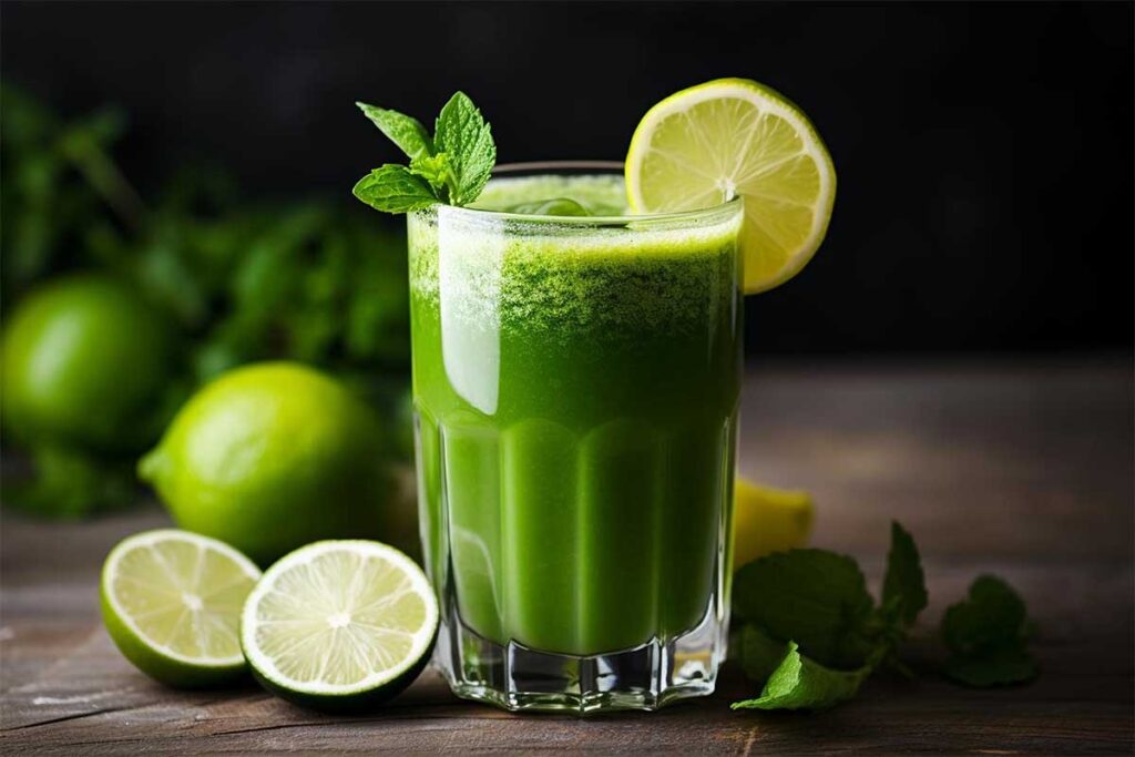 Glass of mint lemonade with fresh mint leaves and lemon slices