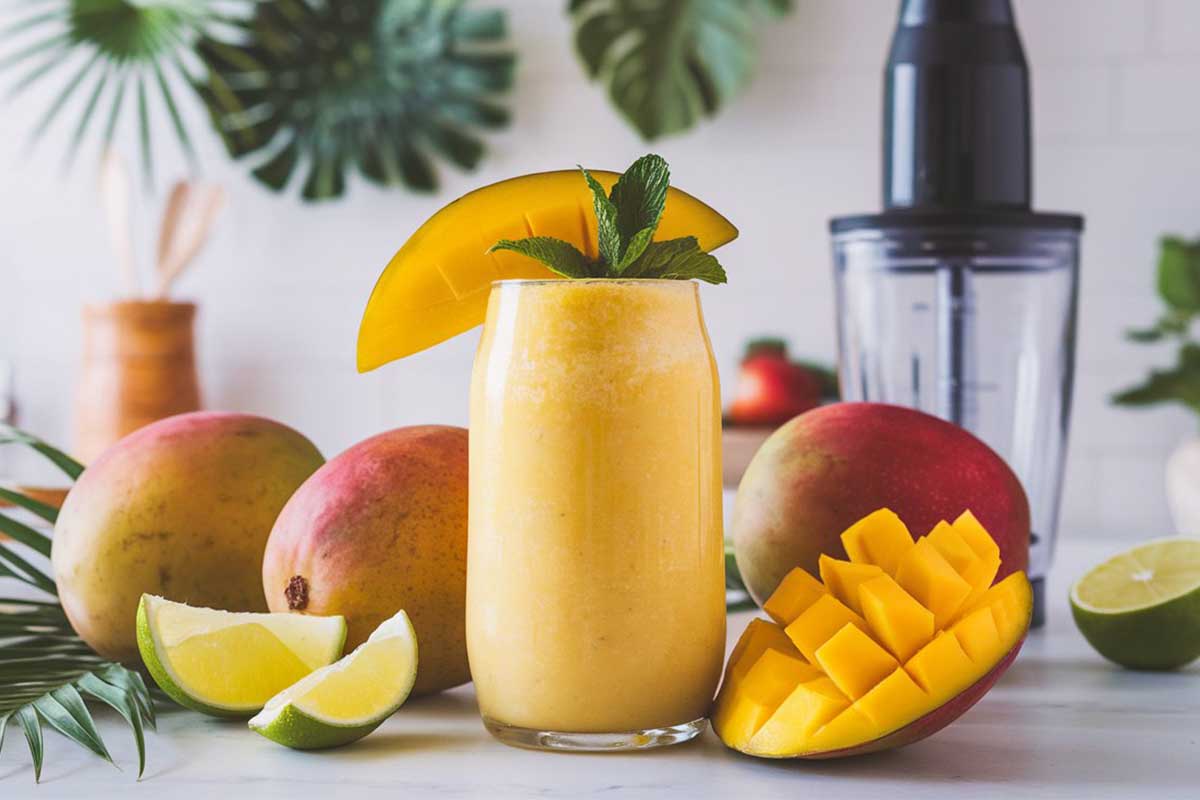 A vibrant mango smoothie made with an immersion blender, garnished with fresh mango slices.