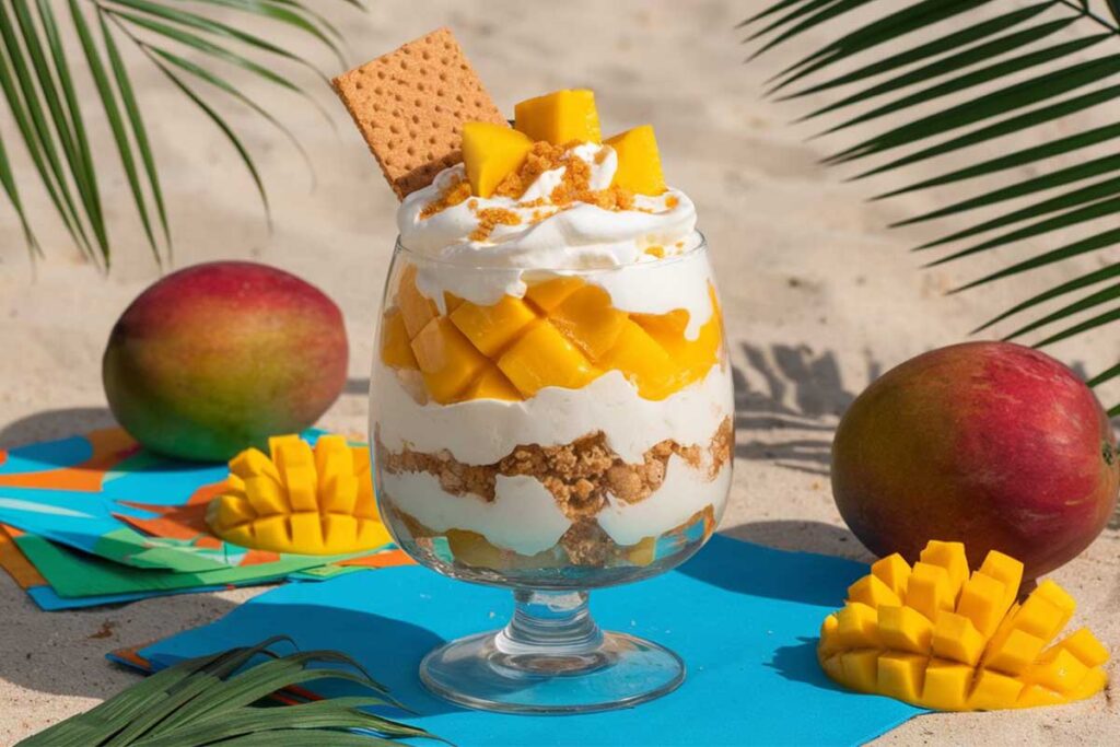 A delicious mango float with layers of graham crackers, cream, and fresh mango slices.