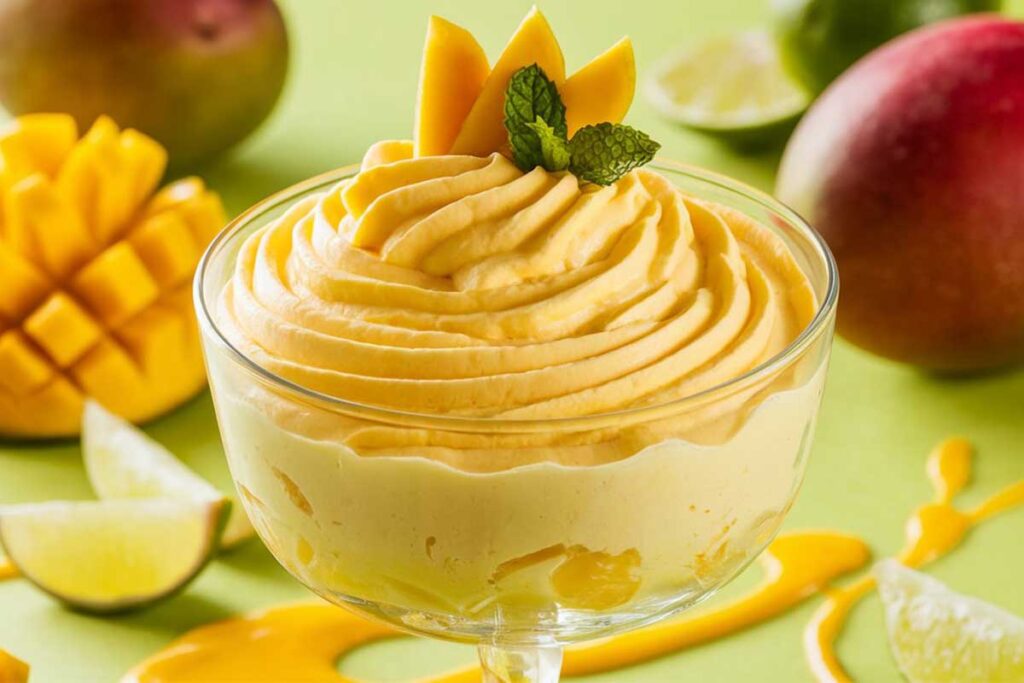 A glass of light and fluffy mango mousse topped with fresh mango chunks and mint leaves.