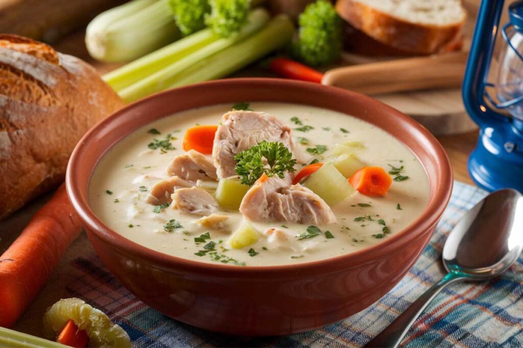 A creamy Campbell's cream of chicken soup dish served with fresh herbs and vegetables.