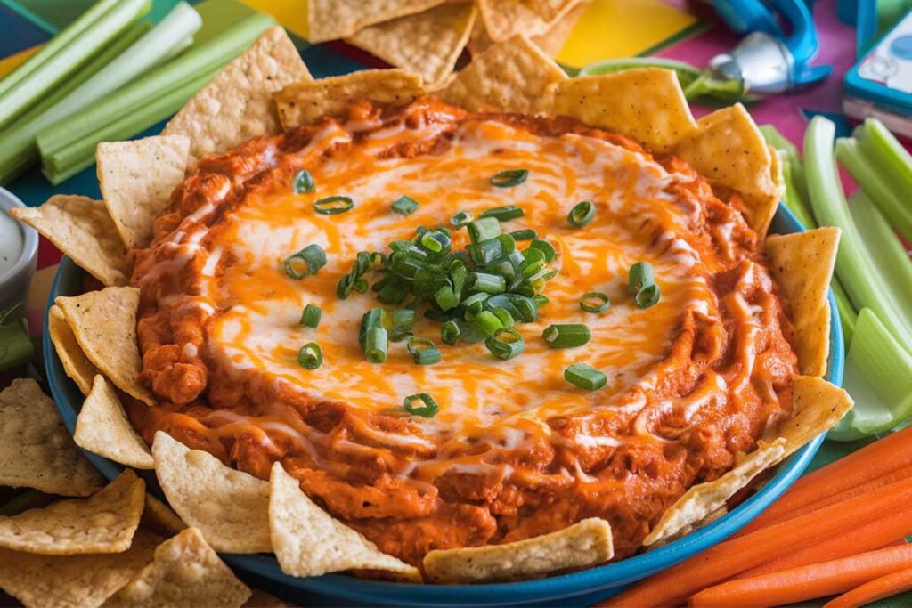 A creamy and spicy Frank's Buffalo Chicken Dip garnished with green onions and served with tortilla chips.