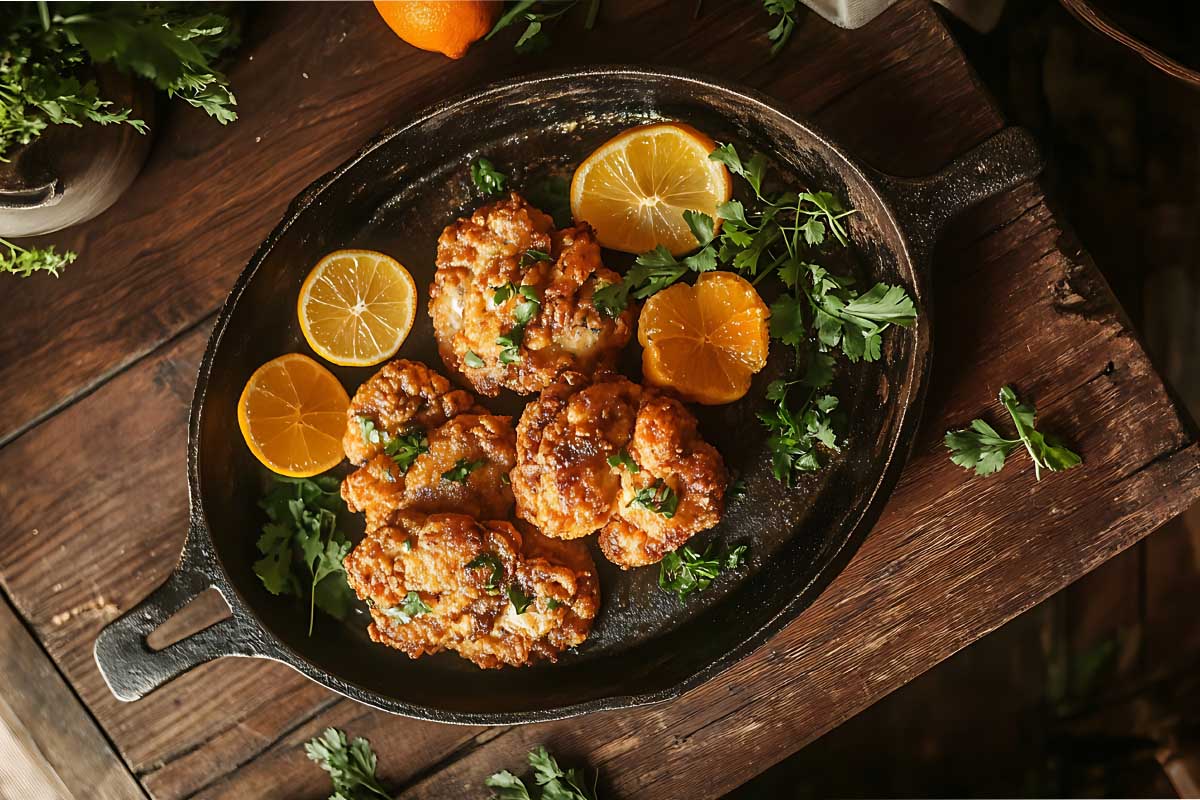 Freshly cooked Lion’s Mane Mushroom “crab” cakes served on a plate with a side of salad