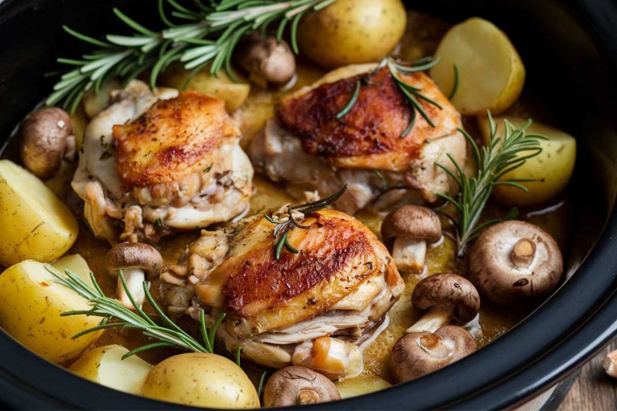 Chicken, mushrooms, and potatoes with rosemary cooked in a Crock Pot, served in a bowl