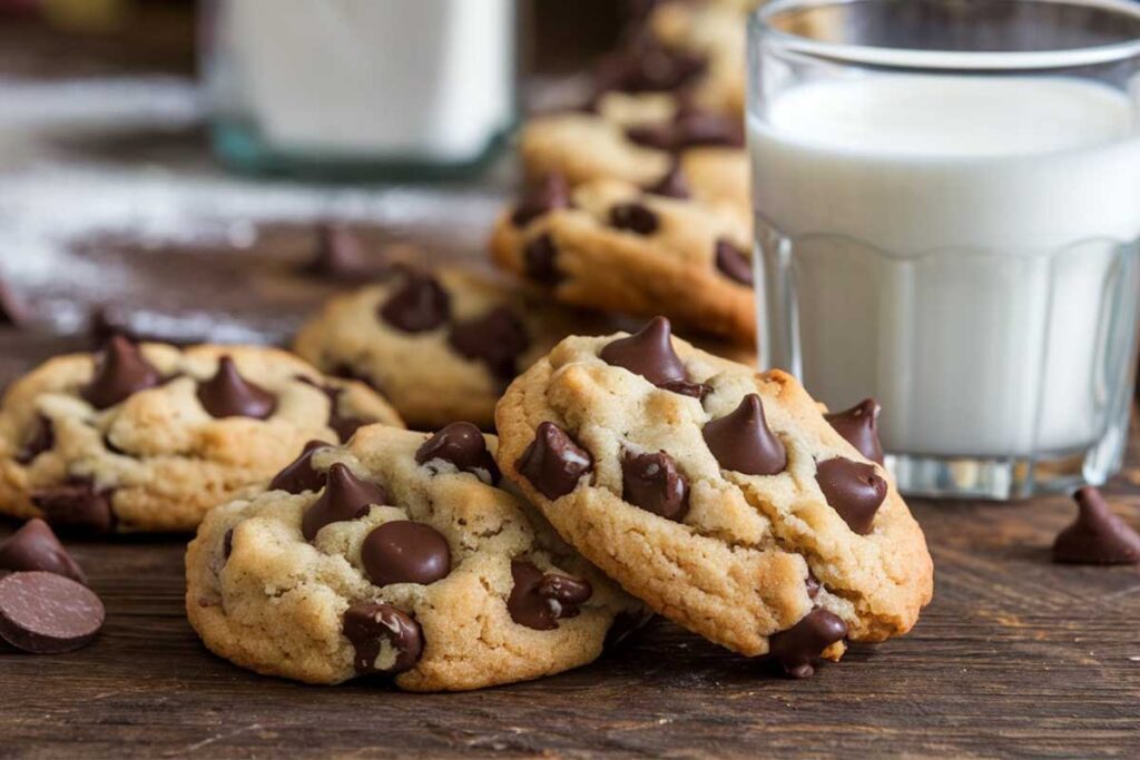 Baked Nestle Toll House chocolate chip cookies cooling on a wire rack.