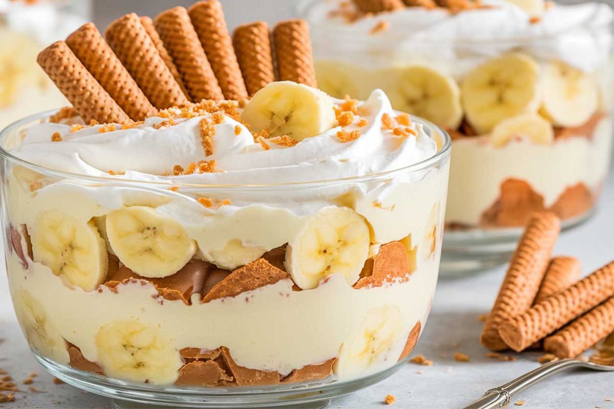 A serving of Nilla Wafer banana pudding with layers of bananas, wafers, and whipped cream.