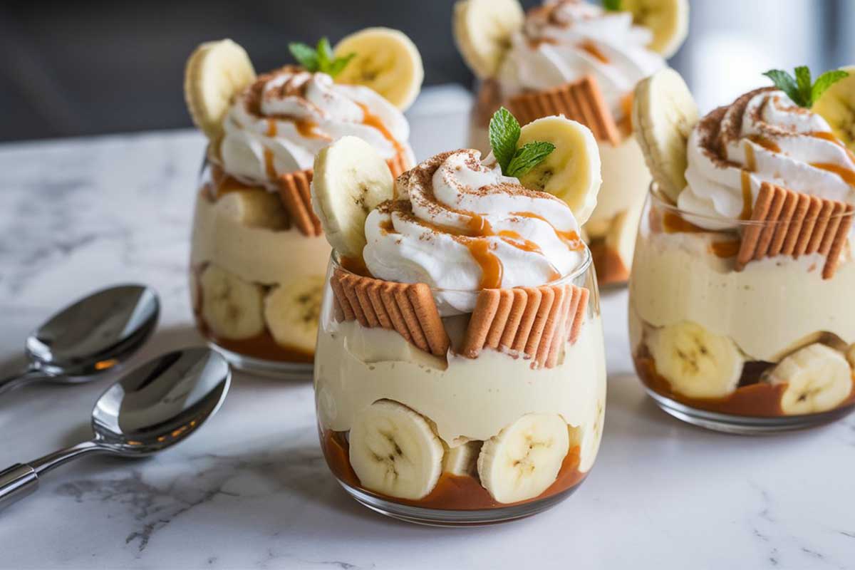 A layered dessert of Not Your Mama's Banana Pudding with Chessmen cookies and banana slices.