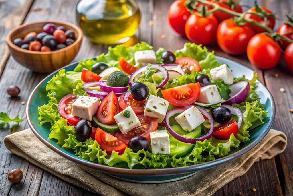 A vibrant Mediterranean olive salad with green and Kalamata olives, giardiniera, and fresh herbs.